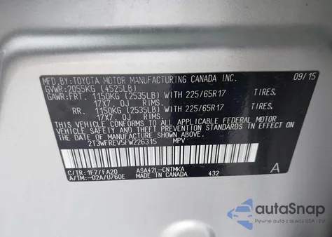 2015 Toyota Rav4 Xle z USA, uszkodzony, nr VIN 2T3WFREV5FW226315